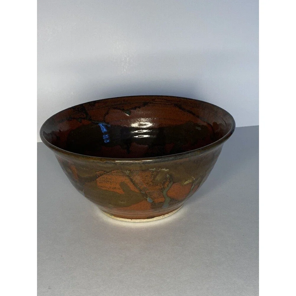Handmade Studio Pottery Bowl Signed Artist Brown Glazed Rustic Stoneware Art